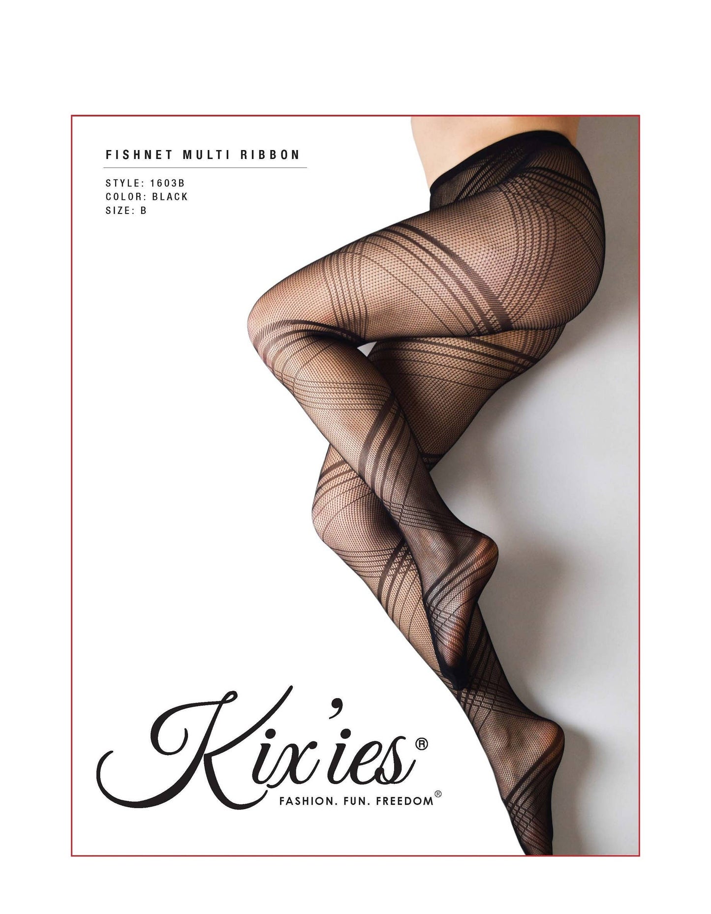 Kix'ies Fishnet Tights Multi Ribbon Black. Petite to Plus Size