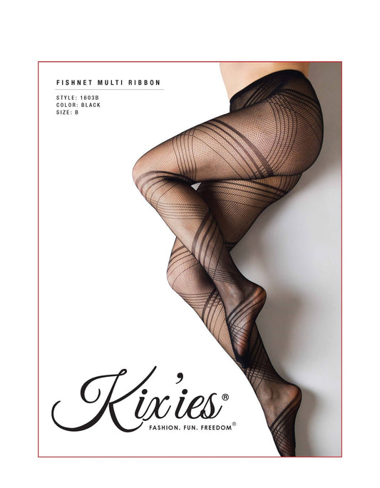 Kix'ies Fishnet Tights Multi Ribbon Black. Petite to Plus Size