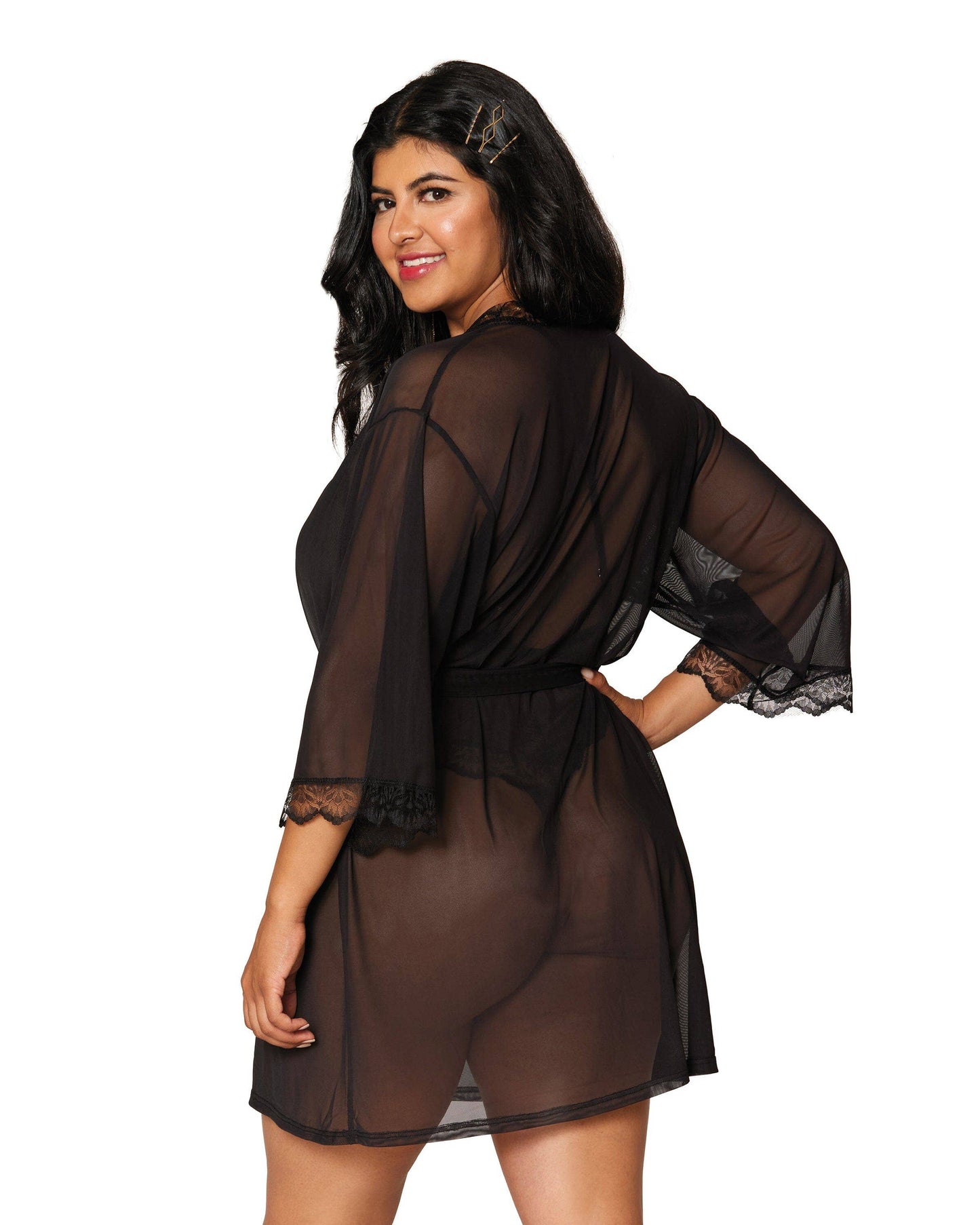 Stretch mesh teddy and robe set with lace trim details