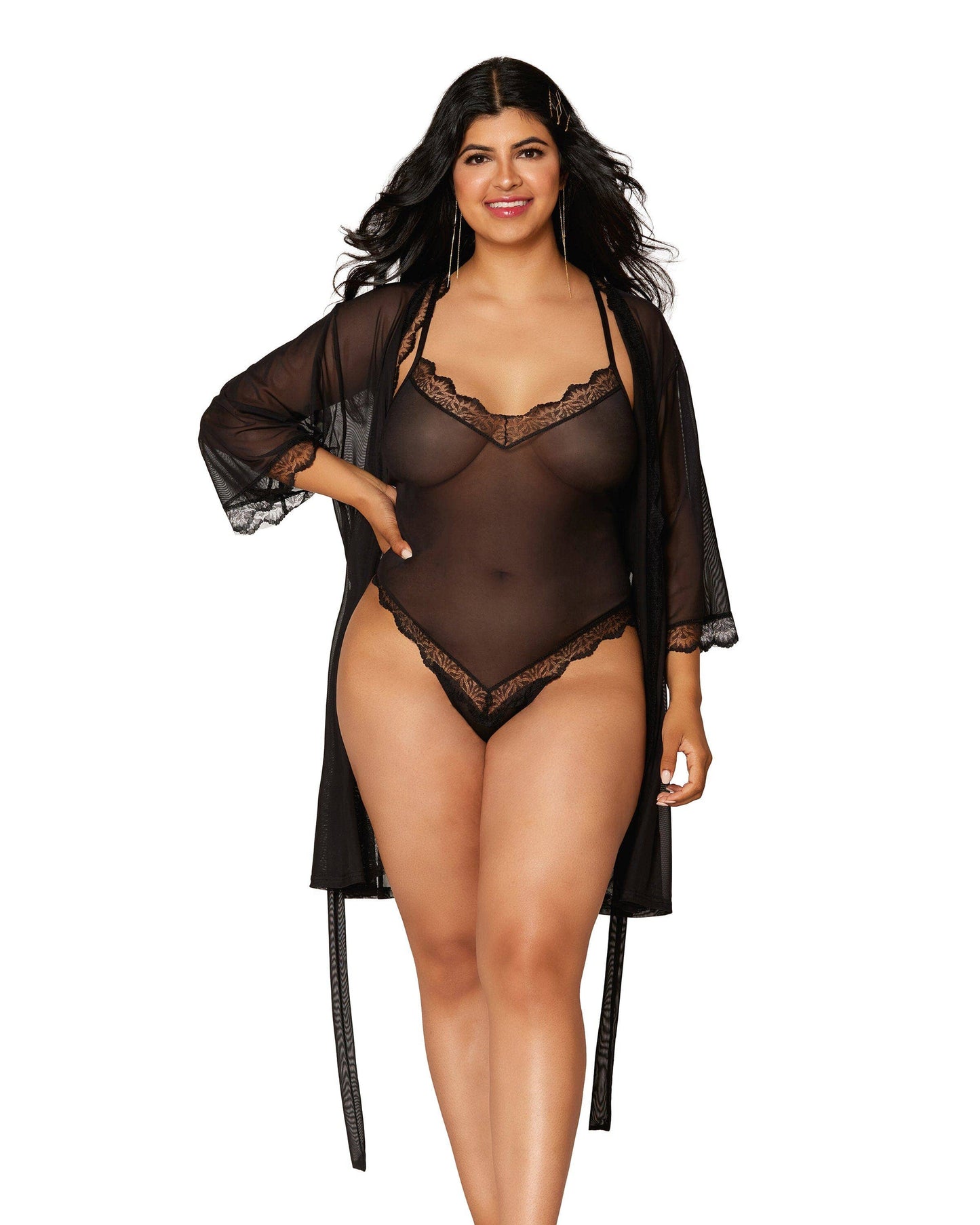 Stretch mesh teddy and robe set with lace trim details