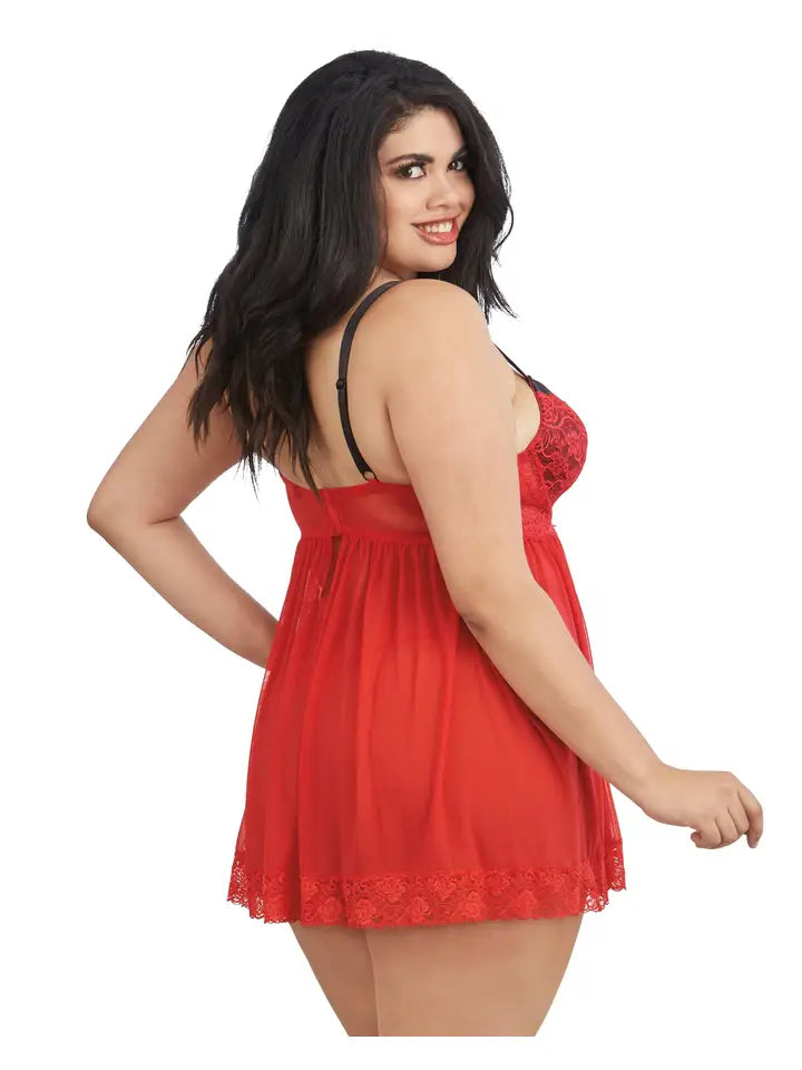 Plus Size Contrast Lace Overlay Babydoll