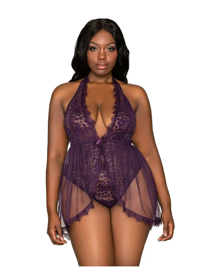 Plus Size Halter Plunge Front Stretch Lace Teddy