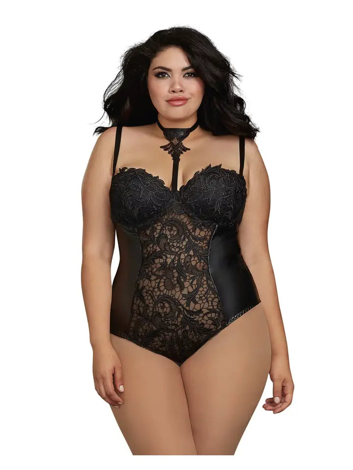 Plus Size Venise Lace and Faux Leather Collared Teddy