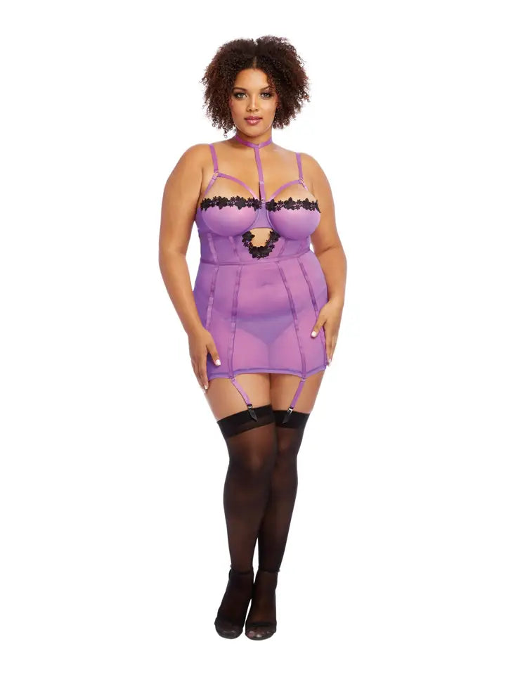 Plus Size Stretch Mesh & Venise Lace Garter Slip