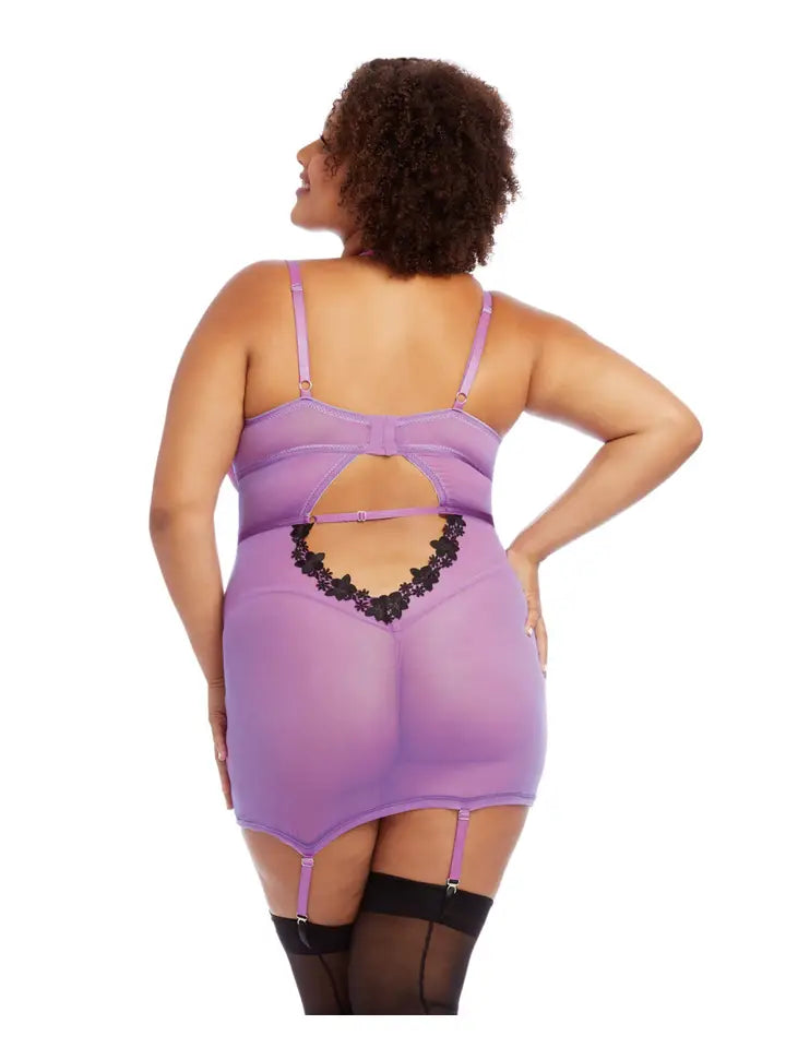 Plus Size Stretch Mesh & Venise Lace Garter Slip