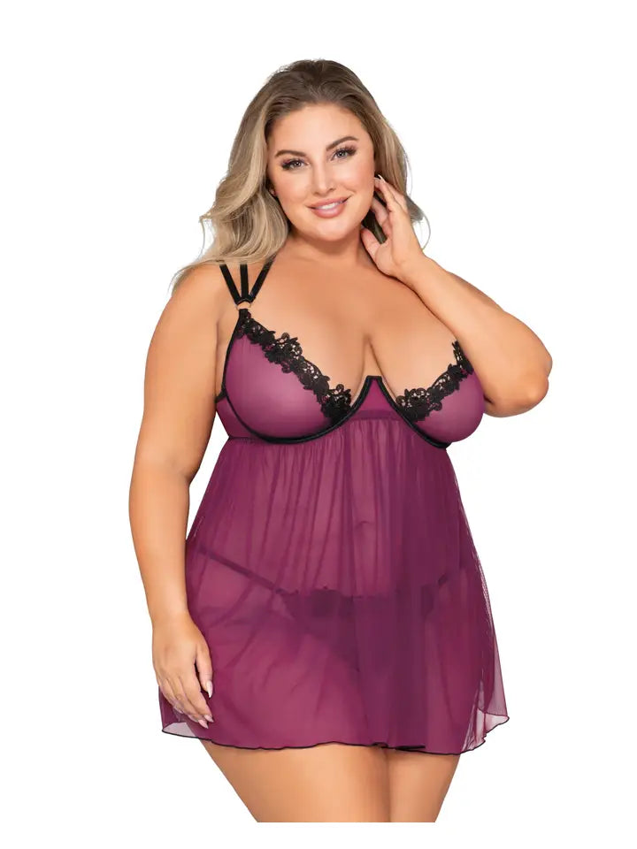 Plus Size Stretch Mesh Babydoll & G-String Set