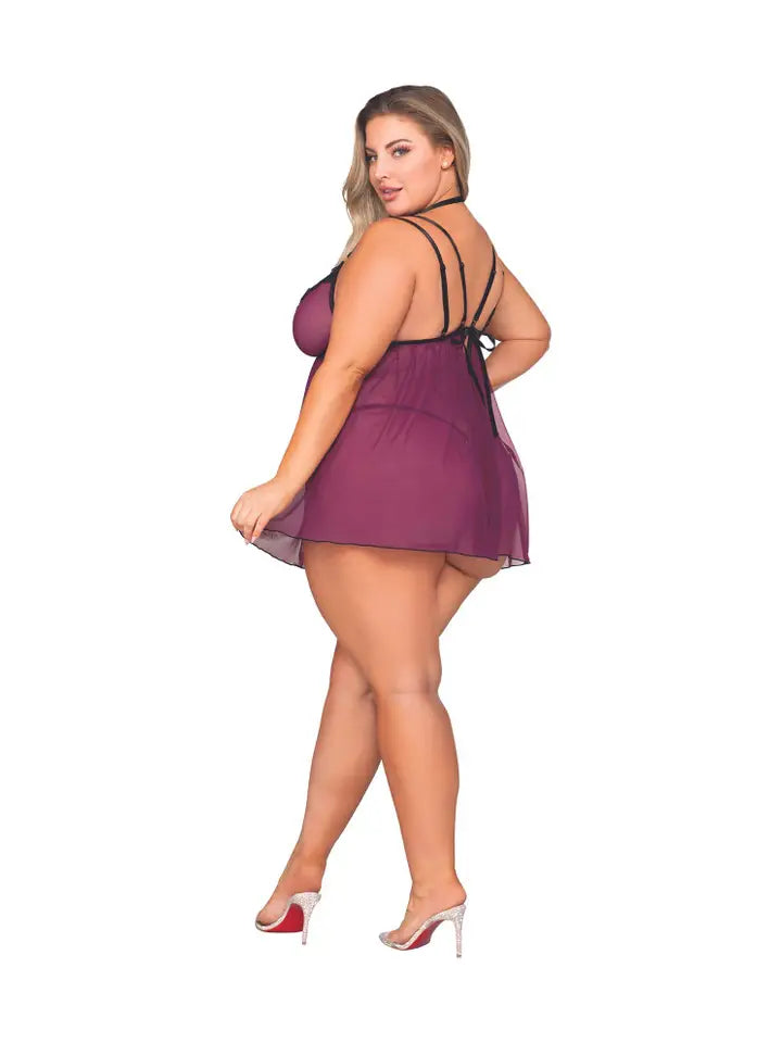 Plus Size Stretch Mesh Babydoll & G-String Set