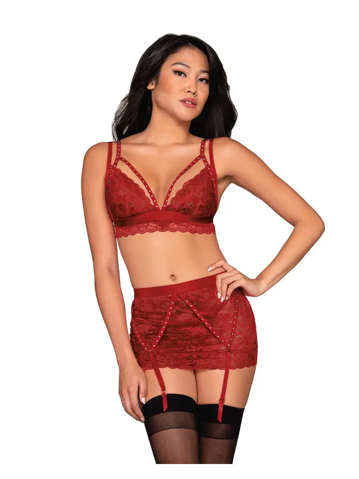 Scalloped Lace Bralette, Garterskirt & G-String Set