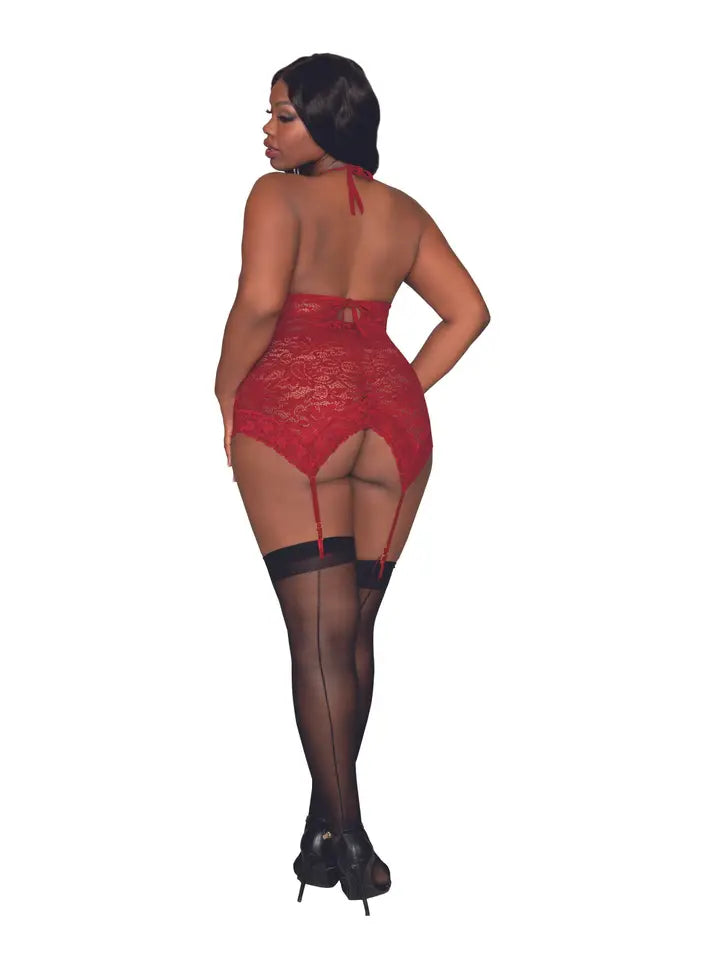 Plus Size Stretch Lace Garter Slip & G-String Set with Halte