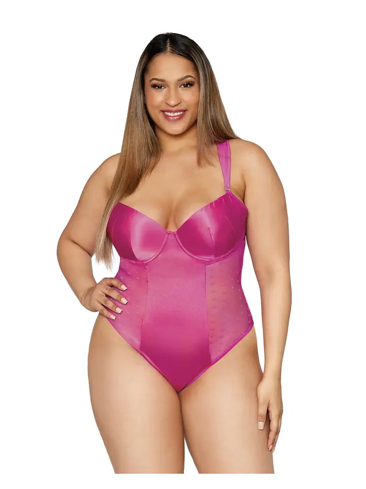 Plus Size Stretch Satin and Heart Mesh Teddy