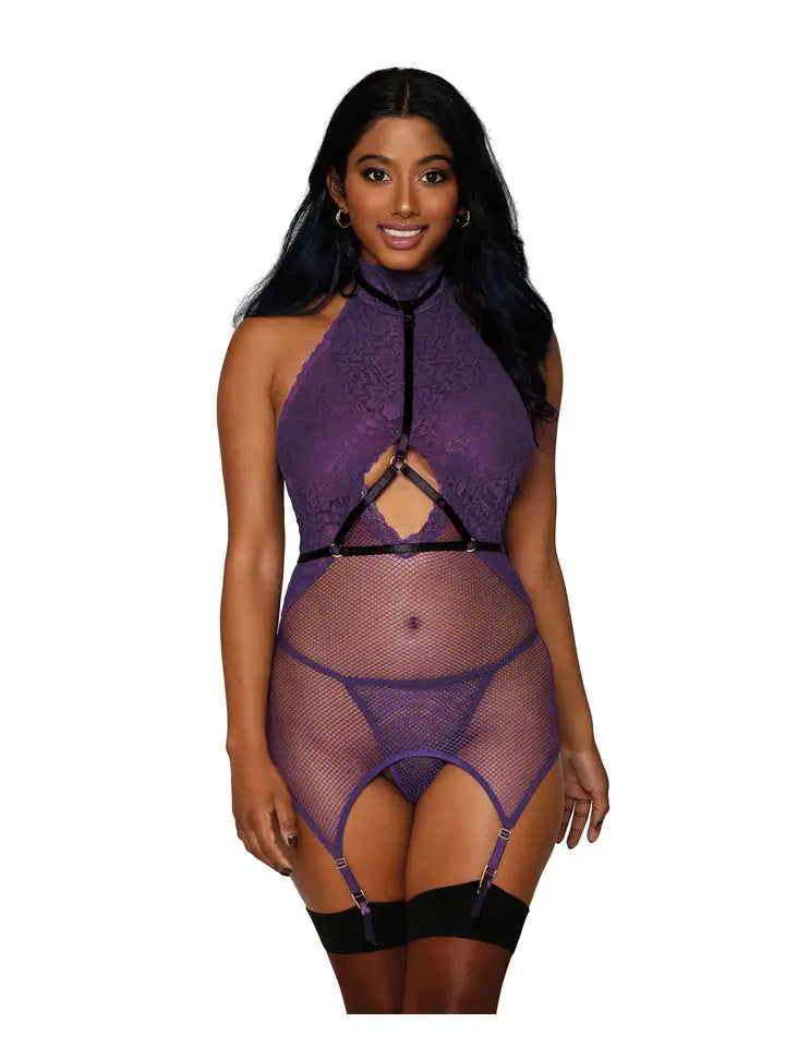 3-piece Lace and Fishnet Garter Slip, Elastic Harness