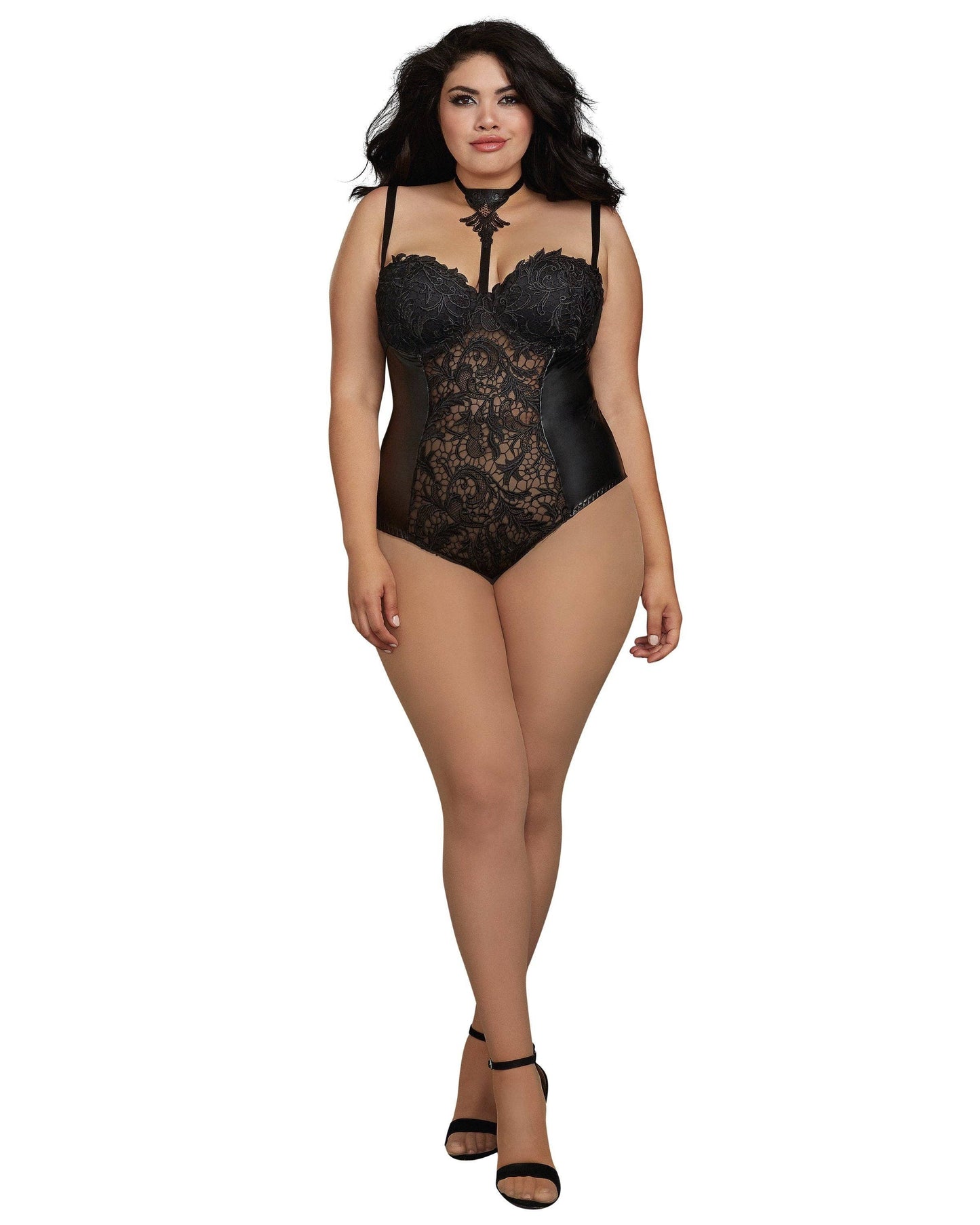 Plus Size Venise Lace and Faux Leather Collared Teddy