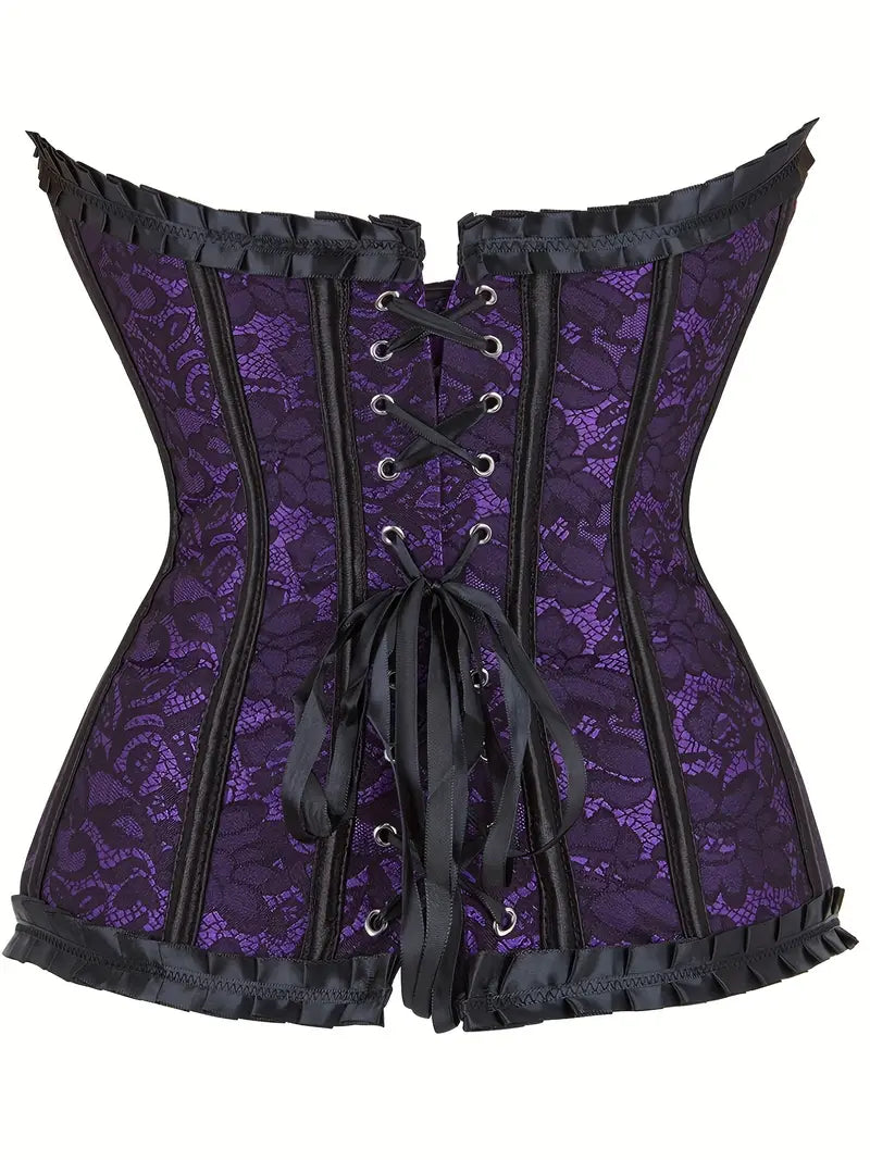 Ruffle Black and Purple Floral Lace Corset Bustier