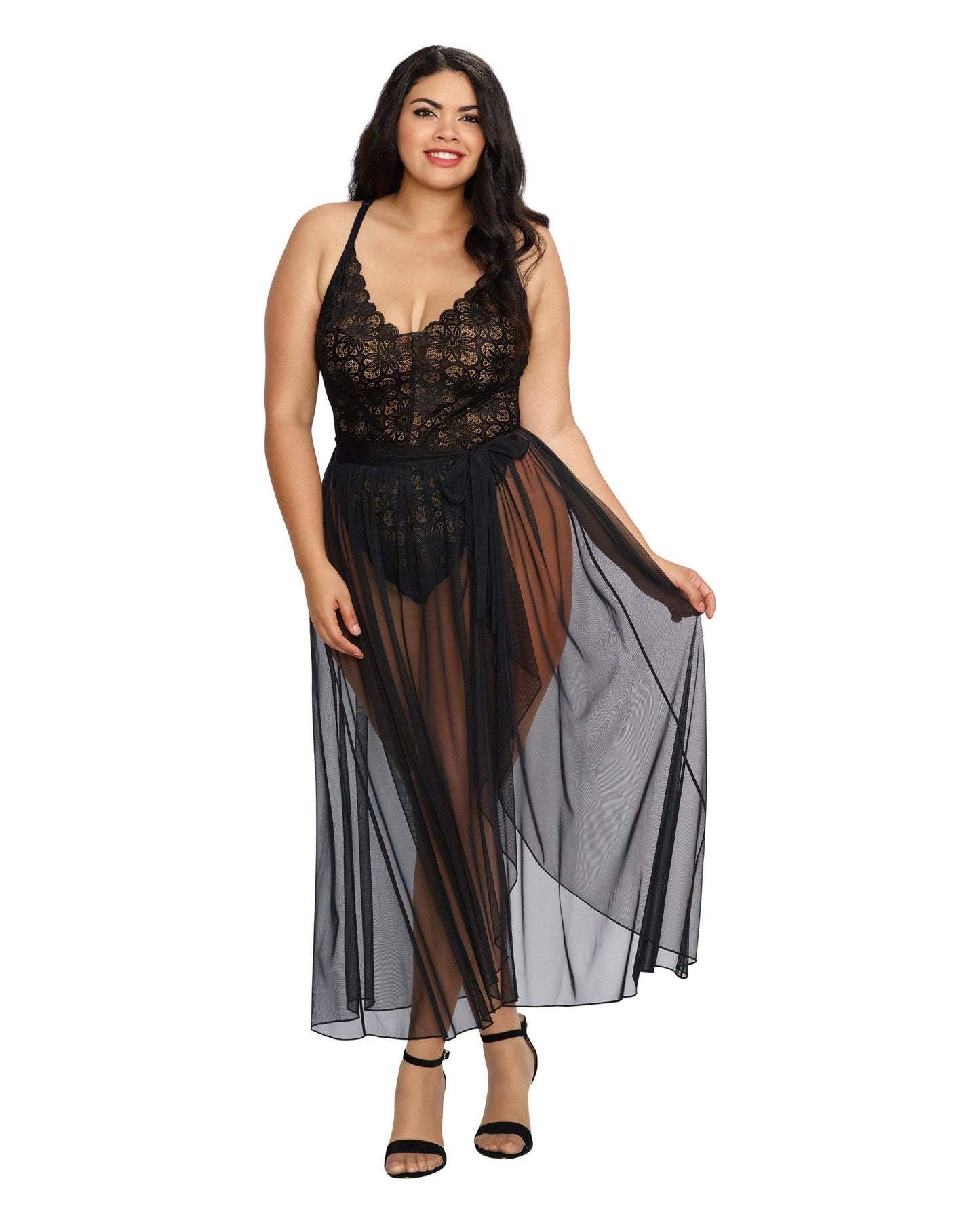 Plus Size Mosaic Lace Teddy & Sheer Skirt