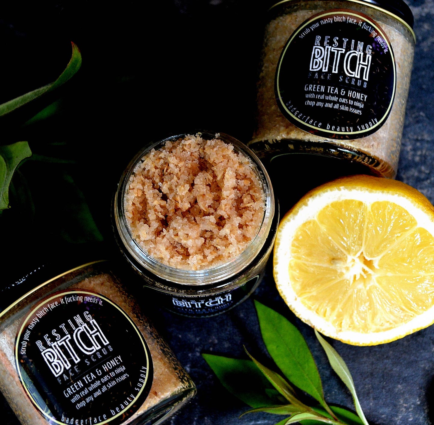 Resting Bitch Face, Green Tea & Oatmeal Face Scrub. Oatmeal & Honey Scrub.