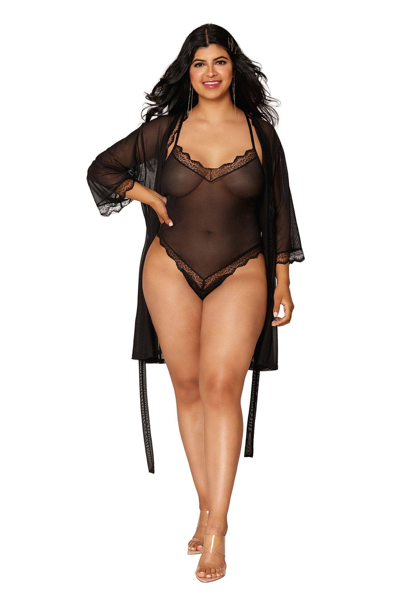 Stretch mesh teddy and robe set with lace trim details