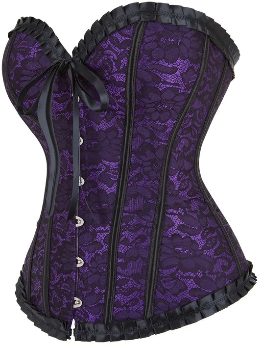 Ruffle Black and Purple Floral Lace Corset Bustier