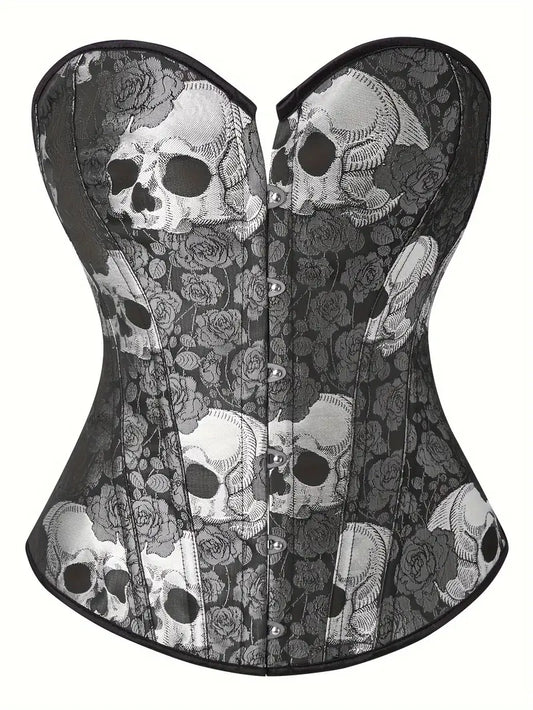 Skulls, Gothic Overbust Corset, Vintage Court Skull Pattern, Lace-up Adjustable Waist Cincher