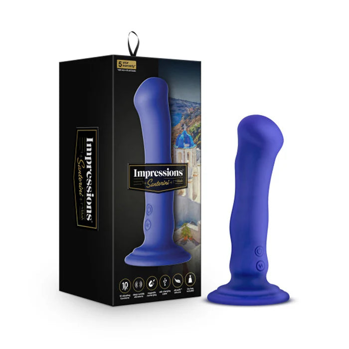 Santorini Rechargeable Silicone 6.5 in. Vibrating Dildo with Suction Cup Blue, Blush Impressions