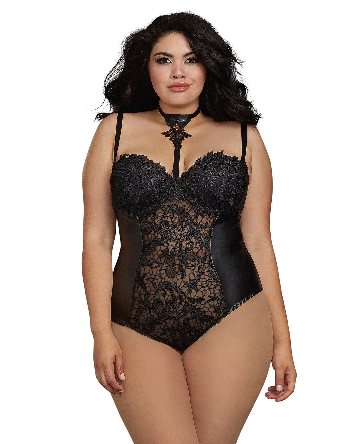 Plus Size Venise Lace and Faux Leather Collared Teddy