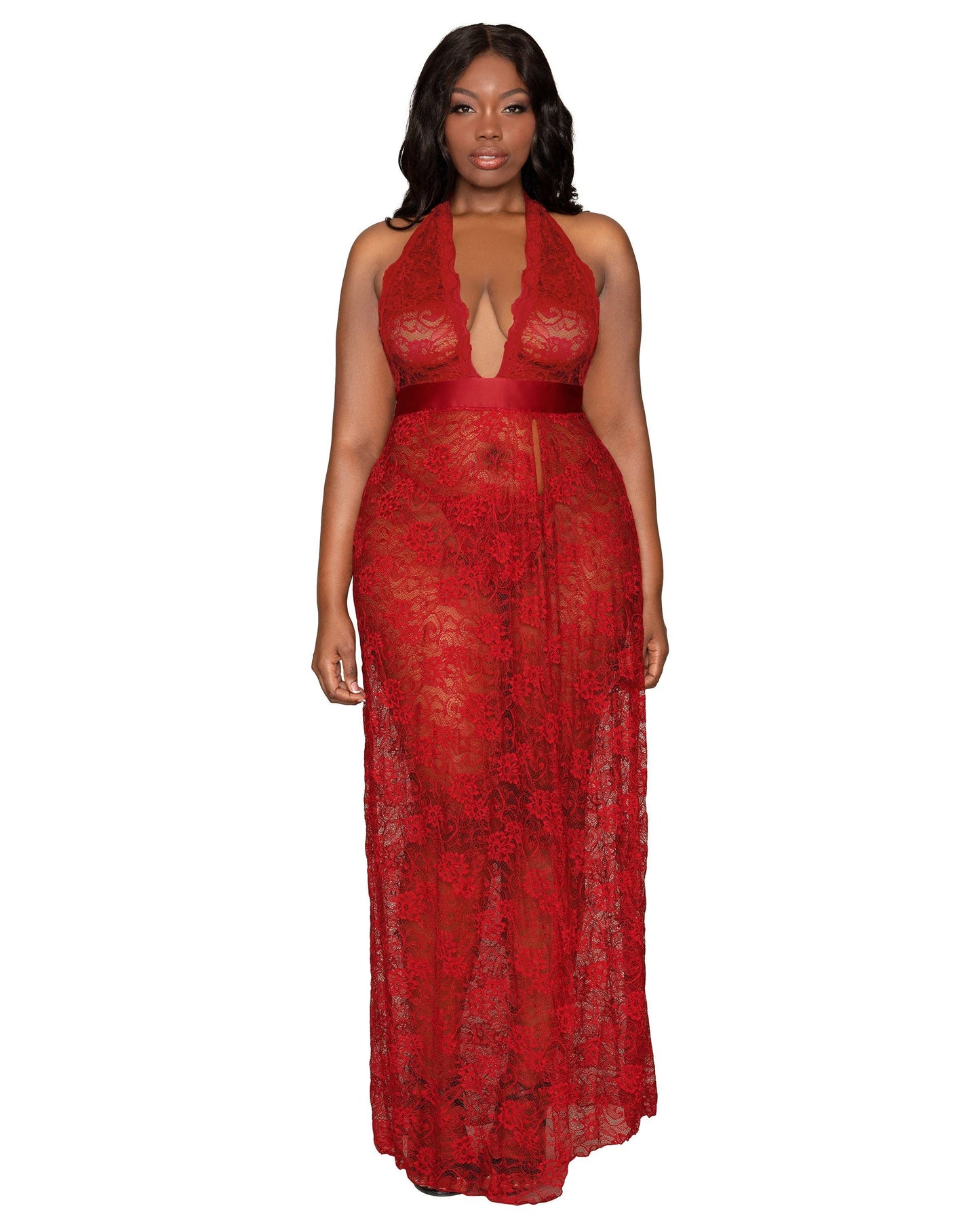 Plus Size Lace Halter Gown Set with Scalloped-Edge Trim & Hi