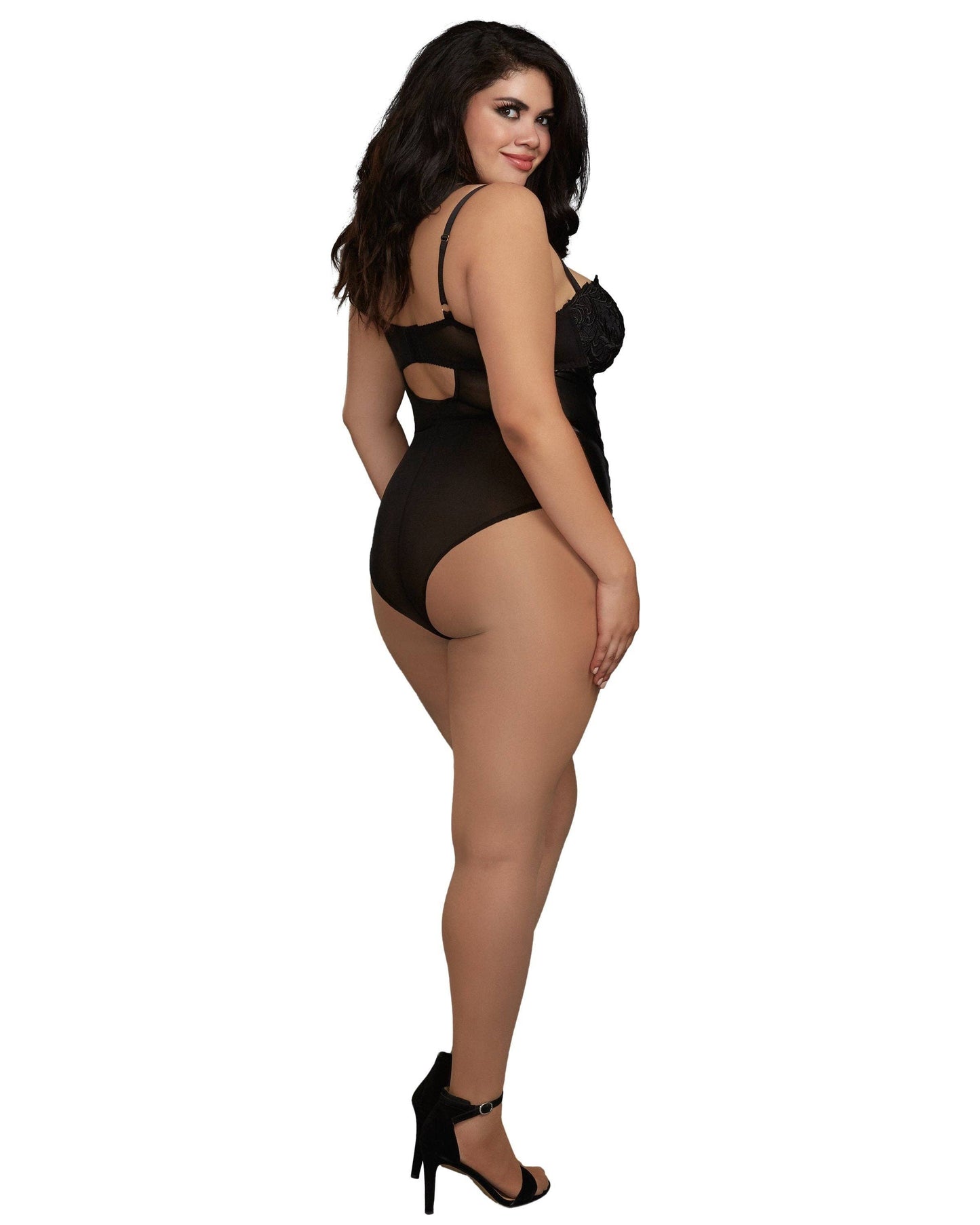 Plus Size Venise Lace and Faux Leather Collared Teddy